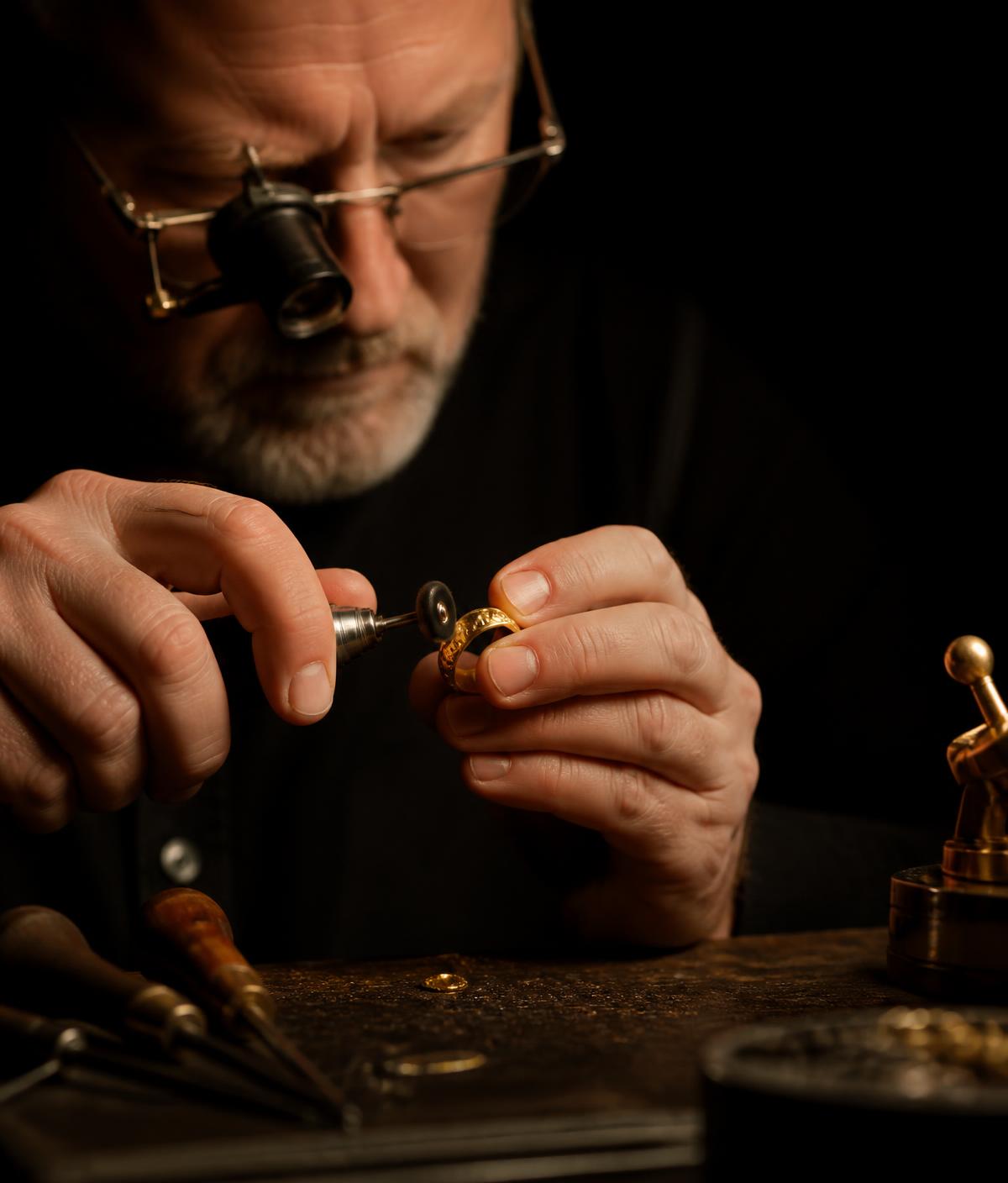 Master jeweler polishing a gold ring at the workbench